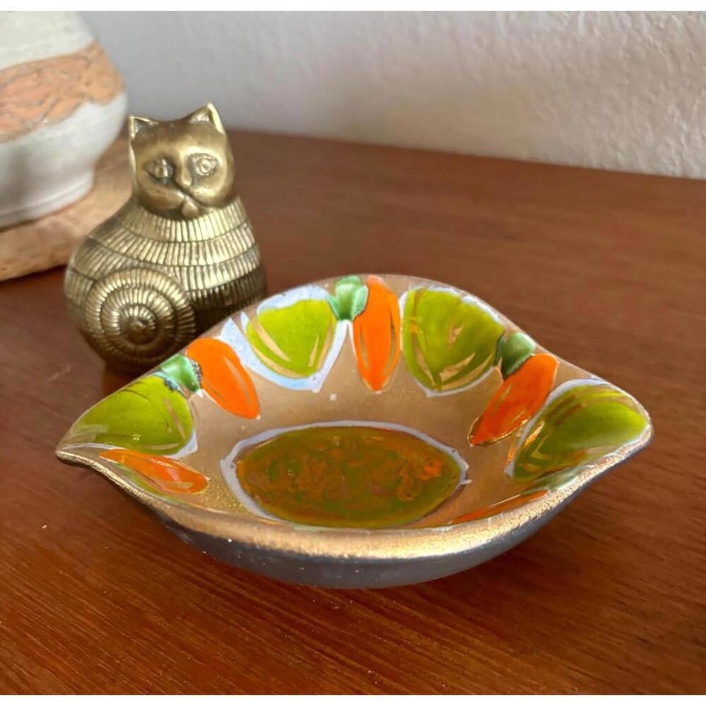 MCM Rare Sasha Brastoff Gold Green Orange Hand Painted Bowl Trinket Dish